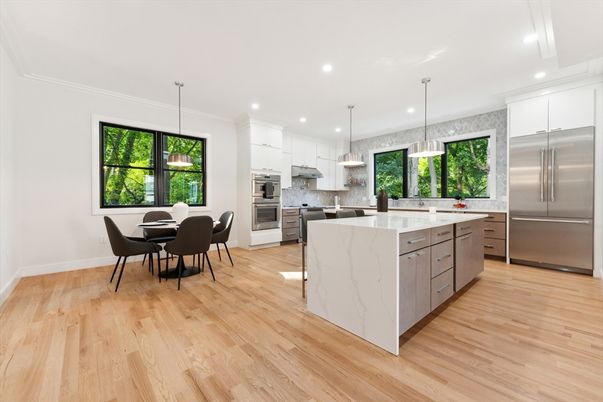 Dining room, Interior, Kitchen, Pendant Lights, Recessed Lighting, Stainless Steel Appliances, Wood Texture Flooring