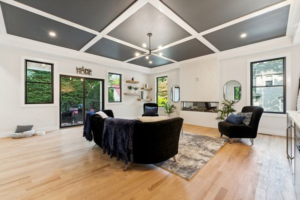 Fireplace, Interior, Living room, Pendant Lights, Recessed Lighting, Wood Texture Flooring