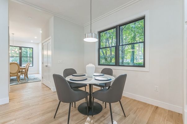 Dining room, Interior, Pendant Lights, Recessed Lighting, Wood Texture Flooring