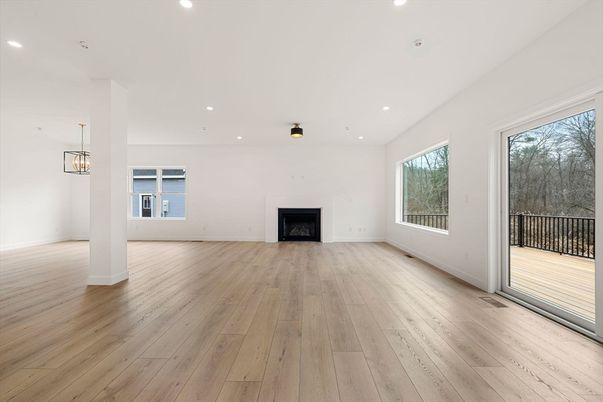 Empty room, Fireplace, Interior, Pendant Lights, Recessed Lighting, Wood Texture Flooring