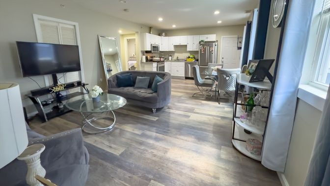Dining room, Interior, Kitchen, Living room, Recessed Lighting, Wood Texture Flooring