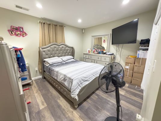 Bedroom, Interior, Recessed Lighting, Wood Texture Flooring
