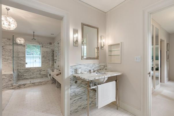 Bathroom, Glass Shower, Interior, Marble, Marble Walls, Pendant Lights