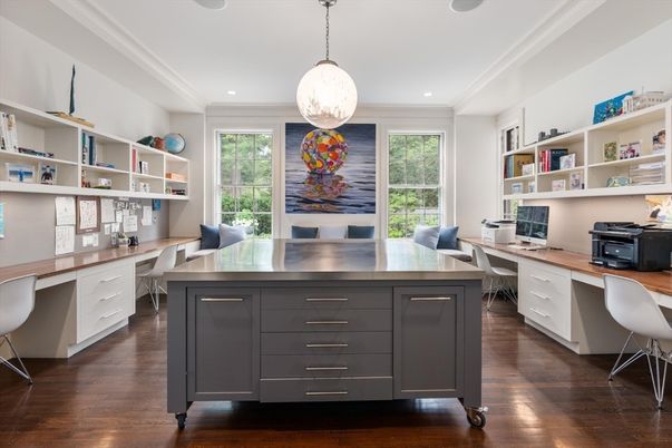Home Office, Interior, Pendant Lights, Recessed Lighting, Wood Texture Flooring