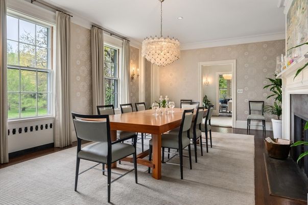 Chandelier, Dining room, Fireplace, Interior, Recessed Lighting, Wood Texture Flooring
