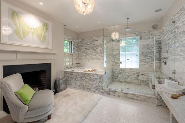 Bathroom, Fireplace, Glass Shower, Interior, Marble, Marble Walls, Pendant Lights, Recessed Lighting