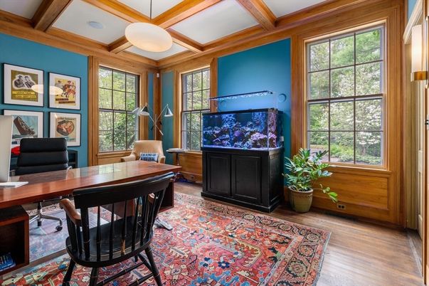 Home Office, Interior, Pendant Lights, Recessed Lighting, Wooden Beams, Wood Texture Flooring