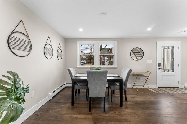 Dining room, Interior, Recessed Lighting, Wood Texture Flooring