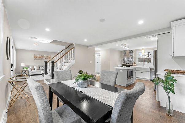 Dining room, Interior, Kitchen, Living room, Pendant Lights, Recessed Lighting, Wood Texture Flooring