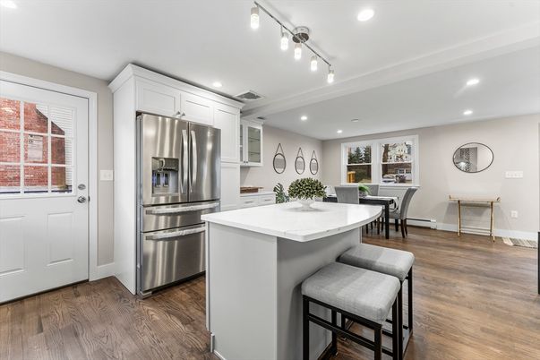 Dining room, Interior, Kitchen, Recessed Lighting, Stainless Steel Appliances, Wood Texture Flooring
