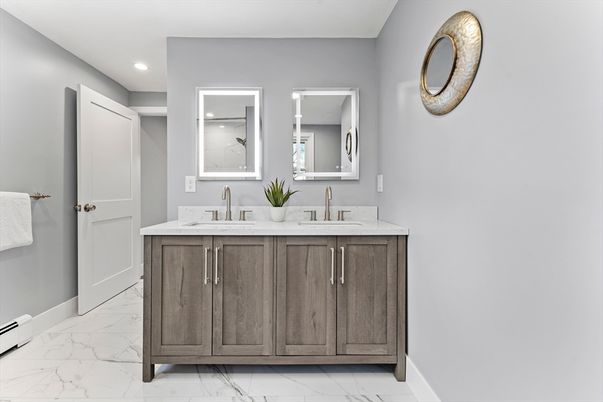 Bathroom, Dual Sink Vanities, Interior, Marble, Recessed Lighting