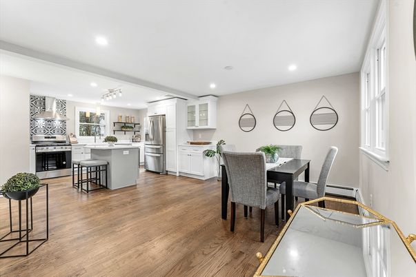 Dining room, Interior, Kitchen, Recessed Lighting, Stainless Steel Appliances, Wood Texture Flooring