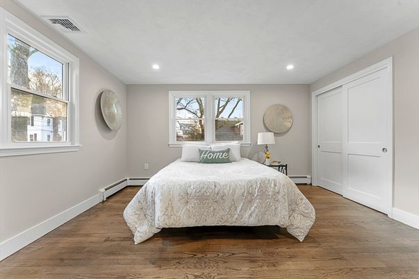 Bedroom, Interior, Recessed Lighting, Wood Texture Flooring