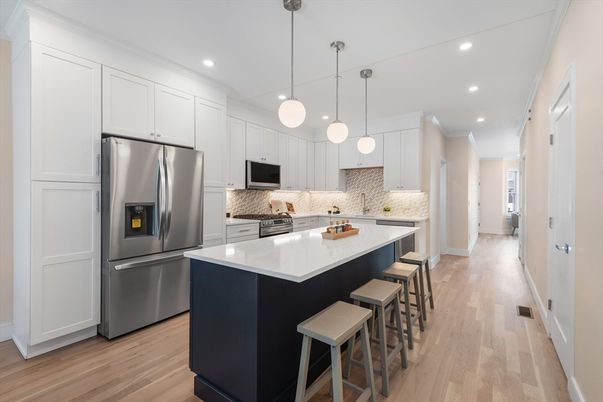 Interior, Kitchen, Pendant Lights, Recessed Lighting, Stainless Steel Appliances, Wood Texture Flooring