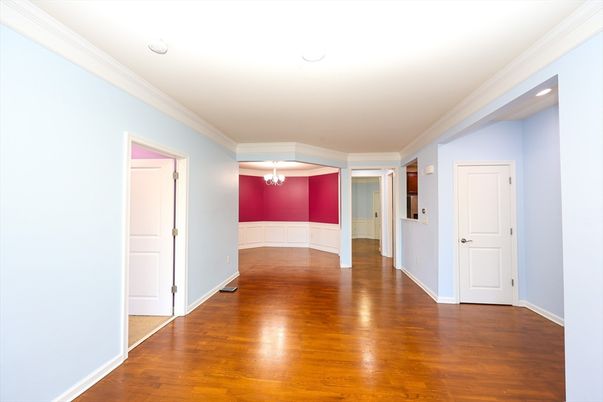 Chandelier, Empty room, Interior, Recessed Lighting, Wood Texture Flooring