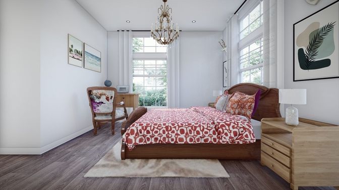 Bedroom, Chandelier, Interior, Recessed Lighting, Wood Texture Flooring