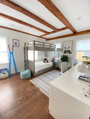Bedroom, Home Office, Interior, Recessed Lighting, Wooden Beams, Wood Texture Flooring