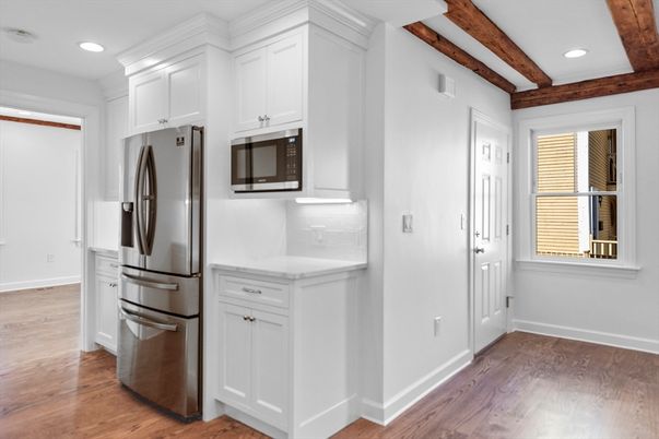 Interior, Kitchen, Recessed Lighting, Stainless Steel Appliances, Wooden Beams, Wood Texture Flooring
