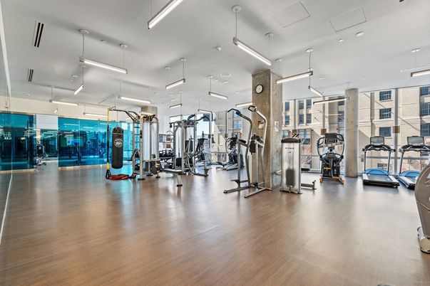 Fitness Equipment, Gym, Interior, Pendant Lights, Recessed Lighting, Wood Texture Flooring