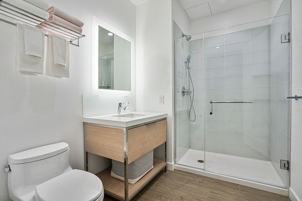 Bathroom, Glass Shower, Interior, Wood Texture Flooring