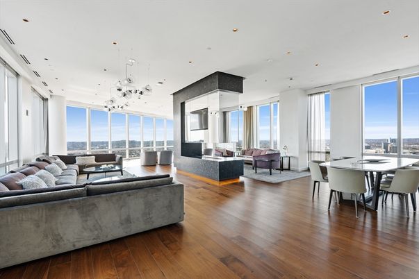 Dining room, Interior, Living room, Pendant Lights, Recessed Lighting, Wood Texture Flooring
