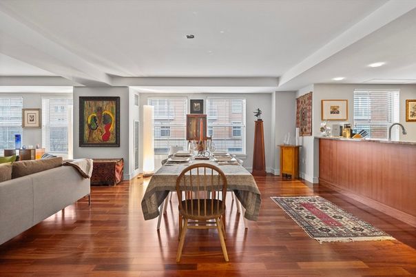 Dining room, Interior, Living room, Recessed Lighting, Wood Texture Flooring
