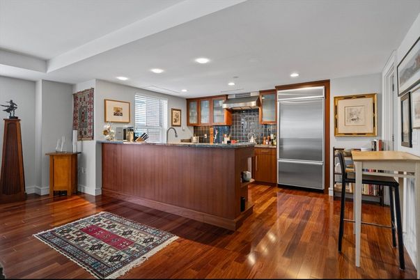 Interior, Kitchen, Recessed Lighting, Stainless Steel Appliances, Wood Texture Flooring