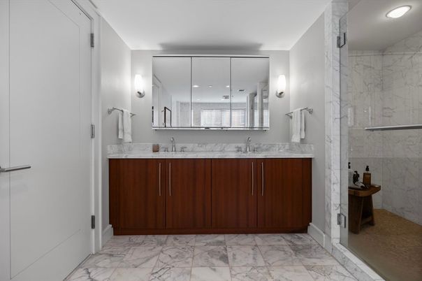 Bathroom, Dual Sink Vanities, Interior, Marble, Marble Walls, Recessed Lighting