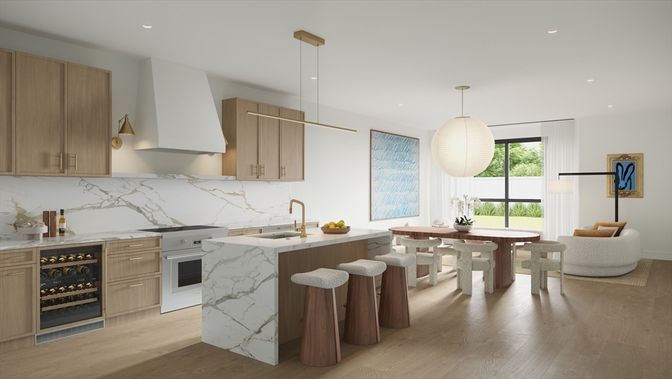 Dining room, Fireplace, Interior, Kitchen, Living room, Marble Walls, Pendant Lights, Recessed Lighting, Wood Texture Flooring