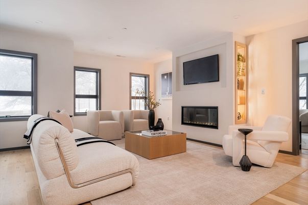 Fireplace, Interior, Living room, Recessed Lighting, Wood Texture Flooring