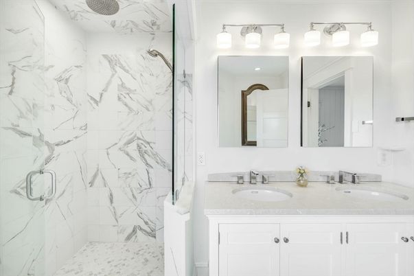 Bathroom, Dual Sink Vanities, Glass Shower, Interior, Marble Walls
