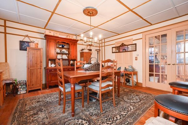 Chandelier, Dining room, Interior, Wood Texture Flooring