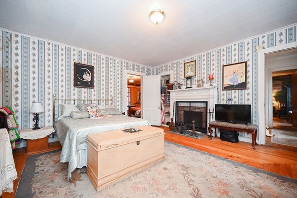 Bedroom, Fireplace, Interior, Wood Texture Flooring