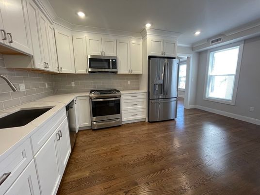 Interior, Kitchen, Recessed Lighting, Stainless Steel Appliances, Wood Texture Flooring