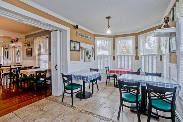 Dining room, Interior, Pendant Lights, Wood Texture Flooring