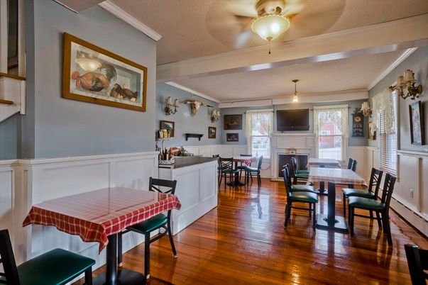 Dining room, Fireplace, Interior, Wood Texture Flooring