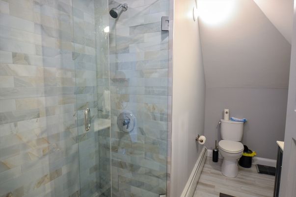 Bathroom, Glass Shower, Interior, Wood Texture Flooring