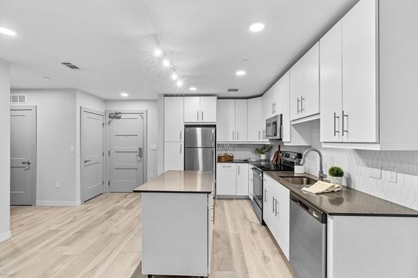 Interior, Kitchen, Recessed Lighting, Stainless Steel Appliances, Wood Texture Flooring