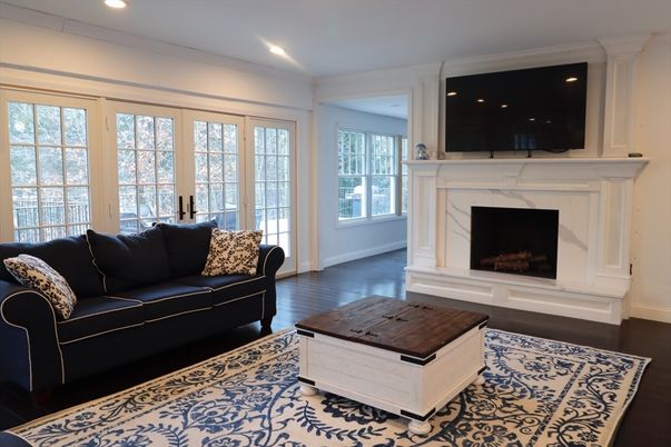 Fireplace, Interior, Living room, Recessed Lighting, Wood Texture Flooring