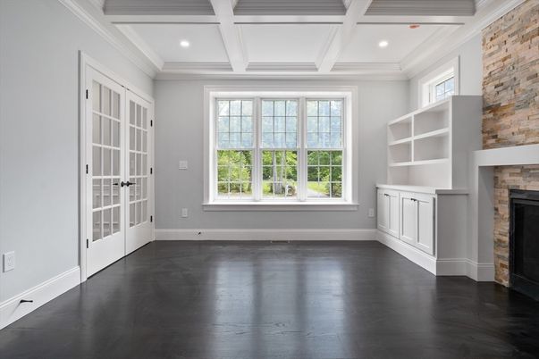 Empty room, Fireplace, Interior, Recessed Lighting, Wood Texture Flooring