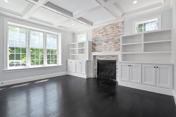 Empty room, Fireplace, Interior, Recessed Lighting, Wood Texture Flooring