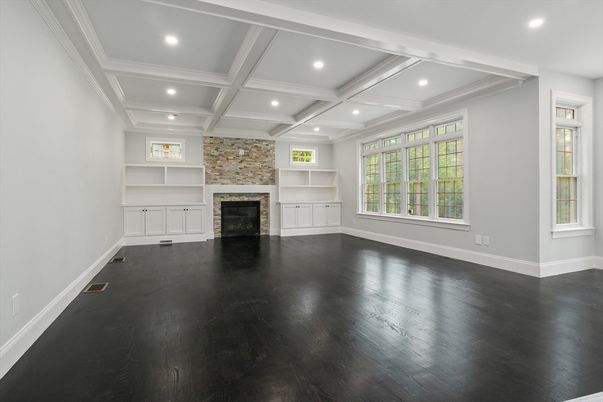 Empty room, Fireplace, Interior, Recessed Lighting, Wood Texture Flooring