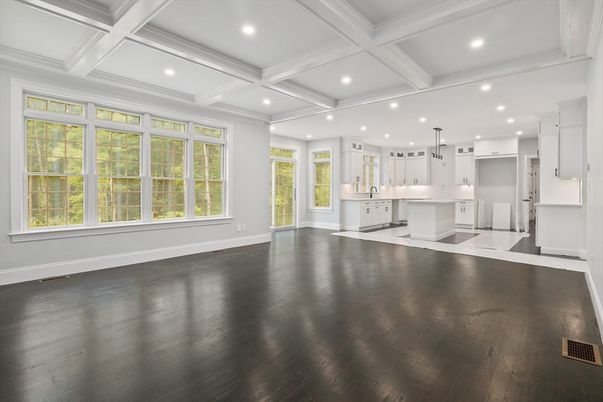 Empty room, Interior, Kitchen, Pendant Lights, Recessed Lighting, Wood Texture Flooring