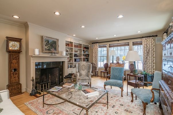 Fireplace, Interior, Living room, Recessed Lighting, Wood Texture Flooring