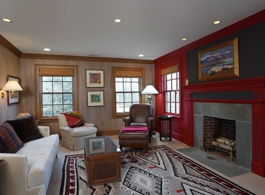 Fireplace, Interior, Living room, Recessed Lighting, Wooden Walls