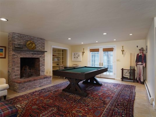 Billiard Table, Fireplace, Game Room, Interior, Recessed Lighting, Stone Walls