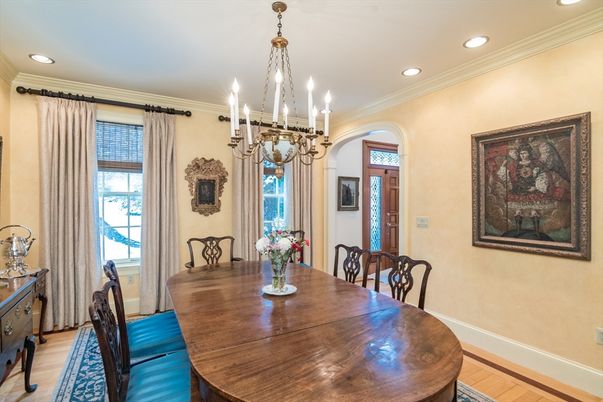 Chandelier, Dining room, Interior, Recessed Lighting, Wood Texture Flooring