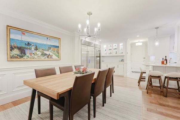 Chandelier, Dining room, Interior, Kitchen, Pendant Lights, Stainless Steel Appliances, Wood Texture Flooring
