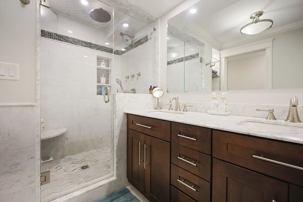 Bathroom, Dual Sink Vanities, Glass Shower, Interior, Marble Walls, Recessed Lighting