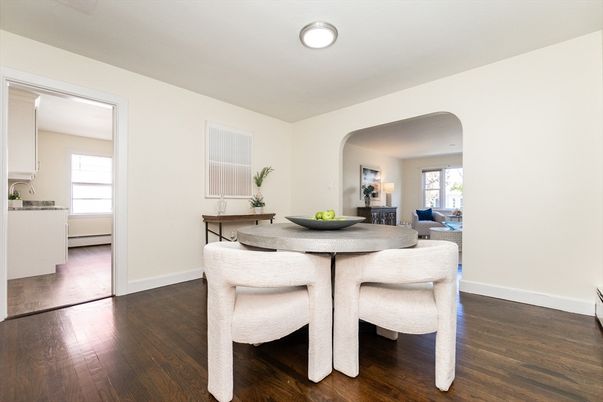 Dining room, Interior, Recessed Lighting, Wood Texture Flooring
